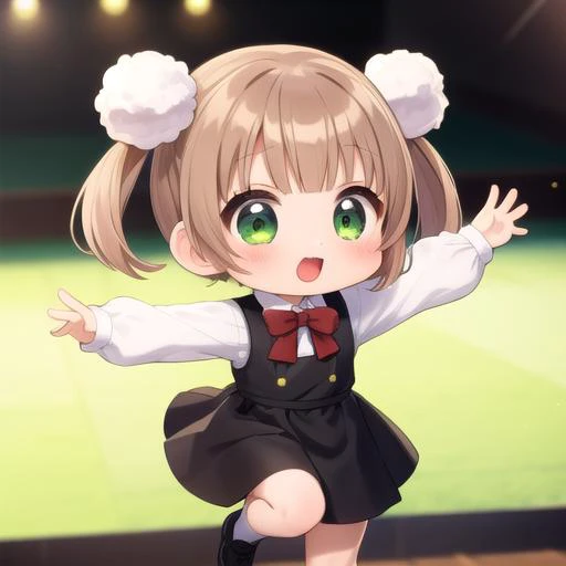 ultra-detailed,masterpiece,best quality,stage,sp@tlight,dancing,1girl,(chibi),shigure ui (vtuber) ,short hair,light brown hair,twintails,pom pom hair ornament,hair intakes,green eyes, school uniform,bangs,red bow,collared white shirt,long sleeves,red randoseru,black sleeveless pinafore dress,white socks,black footwear<lora:Shigure Ui(vtuber):0.7>