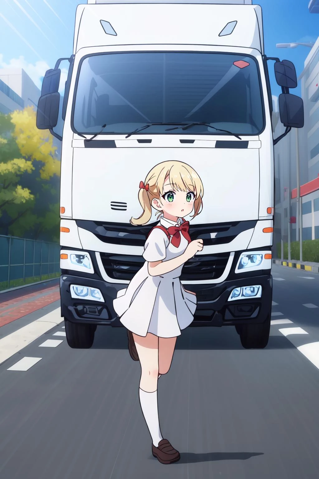 (masterpiece, best quality), intricate details,
1girl, <lora:Shigure Ui(vtuber):0.8> shigure ui (vtuber), blonde hair, green eyes, pinafore dress,pleated dress,randoseru,red bow,school uniform,sleeveless dress,twintails,white legwear,white shirt,
<lora:Truckkun:0.8> Truck-kun, ground vehicle, crash, getting hit by Truck-kun, fleeing, motion lines,outdoors, street,