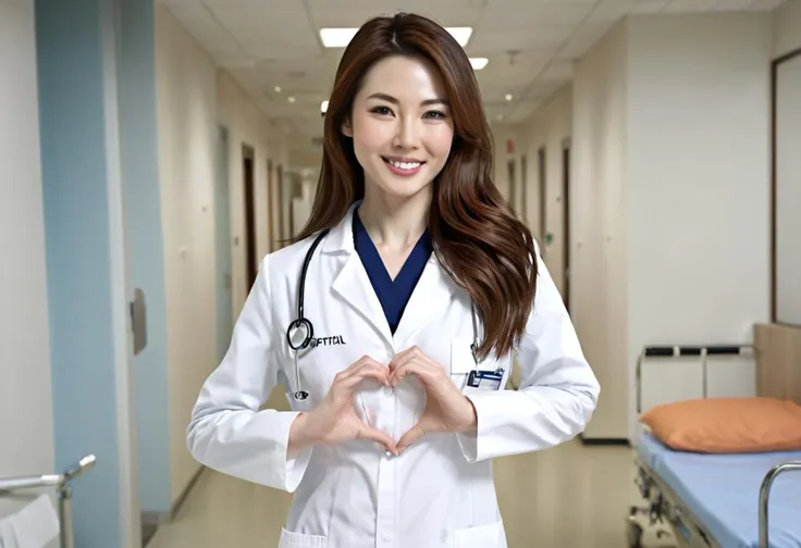 (cowboy shot), 2girls, (heart hands:1.4), smiling, beautiful Japanese female doctor wearing labcoat, slim, narrow waist, beautiful detailed face, brown long hair, pale skin, realistic skin, detailed cloth texture, detailed hair texture, Perfect proportion, Beautiful Face, accurate, Anatomically correct, Highly detailed face and skin texture , looking at viewer , modern hospital ward, photorealistic , masterpiece, best quality