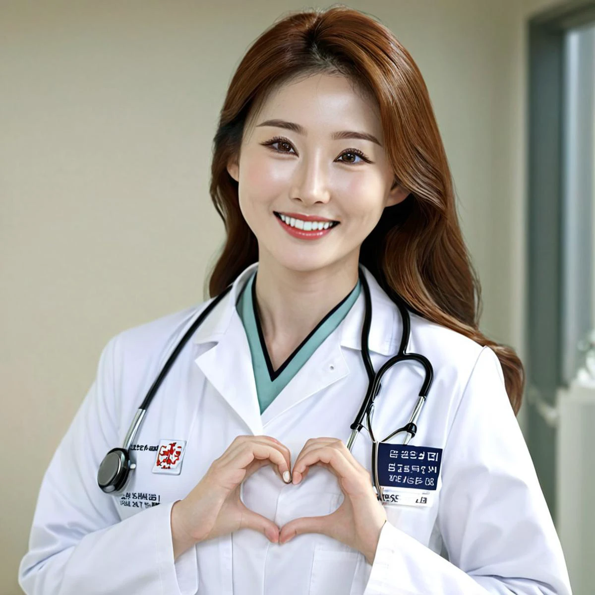 (fullbody shot), 2girls, (heart hands:1.4), smiling, beautiful Korean female doctor wearing labcoat, kb3auty, beautiful detailed face, brown long hair, pale skin, realistic skin, detailed cloth texture, detailed hair texture, Perfect proportion, Beautiful Face, accurate, Anatomically correct, Highly detailed face and skin texture , looking at viewer , modern hospital ward, photorealistic , masterpiece, best quality