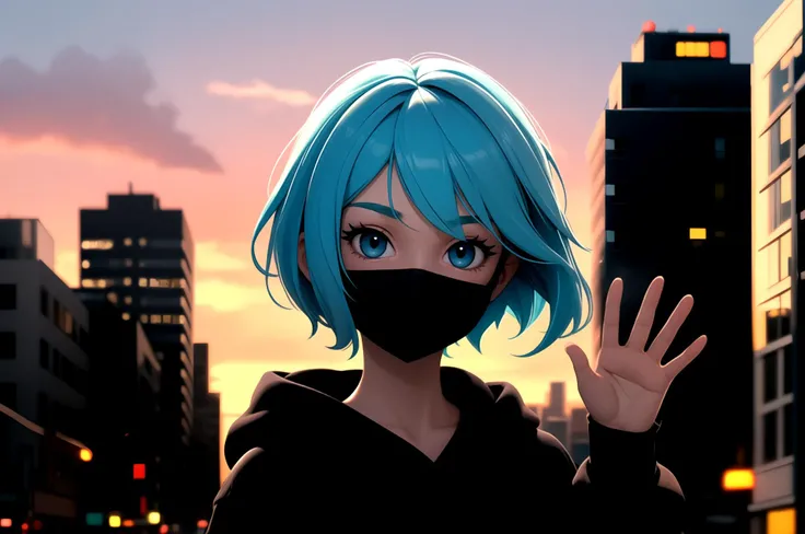 centered, masterpiece, upper body portrait, waving, hand up, | 1girl, solo, aqua hair color, short hairstyle, light blue eyes, | (black mouth mask:1.2), dark blue hoodie, | city lights, sunset, buildings, urban scenery, | bokeh, depth of field,