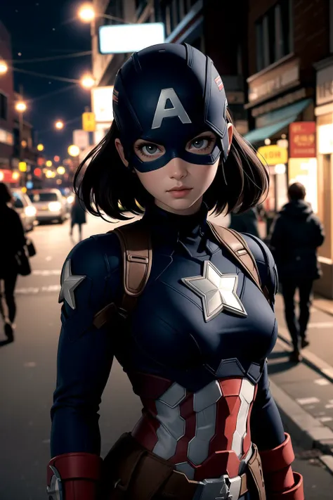 centered, upper body, masterpiece, | female captain america, standing, looking at viewer, | city, urban, street, city lights, | night, bokeh, depth of field,