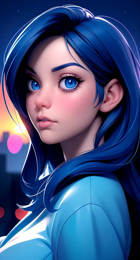 (hyperealistic detailed face:1.2), (looking at viewer:1.2), (frontal view), centered, upper body, award winning frontal photography, masterpiece, (beautiful detailed eyes:1.2), | dark blue hair color, light blue eyes, | sunset, bokeh, depth of field, | urban, street, City, | starry sky, vaporwave color scheme, (saturated colors:1.2), <lora:3DMM_V11:0.8>