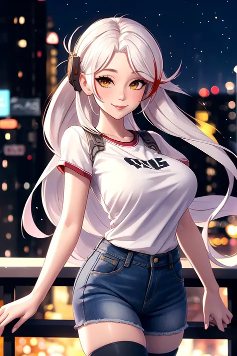 centered, award winning upper body portrait, cowboy shot, (looking at viewer:1.2), | solo, standing, smile, Prinz_Eugen_Azur_Lane, thighhighs, , tshirt, denim jeans, | city, urban scenery, city lights,| bokeh, depth of field, cinematic composition, | dynamic pose, <lora:Prinz_Eugen_Azur_Lane:0.8>
