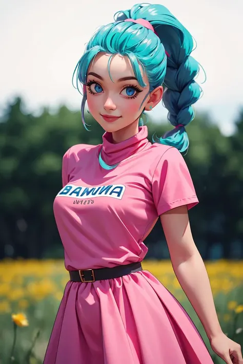 centered, award winning upper body portrait, cowboy shot, (looking at viewer:1.2), | solo, standing, smile, Bulma_DB,  braided ponytail, pink dress, blue eyes, 
| open field, | bokeh, depth of field, cinematic composition, |  dynamic pose, 
<lora:Bulma_DB:0.6>