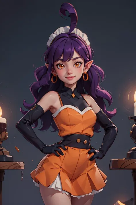 centered, award winning upper body portrait, cowboy shot, (looking at viewer:1.2), |
<lora:Stardust_Pumpkins_Citron_OC_Anime:0.8>, Stardust_Pumpkins_Citron_OC,
1girl, solo, long purple hair, orange eyes, ahoge, pointy ears, orange dress, elbow gloves, bare shoulders, maid headdress, jewelry, earrings,
solo, smiling,
hands on hips, contrapposto,
|
| bokeh, depth of field, cinematic composition, |