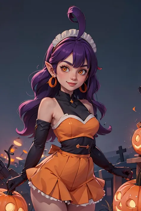 centered, award winning upper body portrait, cowboy shot, (looking at viewer:1.2), |
<lora:Stardust_Pumpkins_Citron_OC_Anime:0.8>, Stardust_Pumpkins_Citron_OC,
1girl, solo, long purple hair, orange eyes, ahoge, pointy ears, orange dress, elbow gloves, bare shoulders, maid headdress, jewelry, earrings,
solo, smiling,
, contrapposto,
| graveyard, pumpkins in background,
| bokeh, depth of field, cinematic composition, |