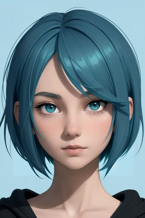centered, face photography, face portrait, | woman, looking at viewer, aqua hair color, short hair, | black hoodie,