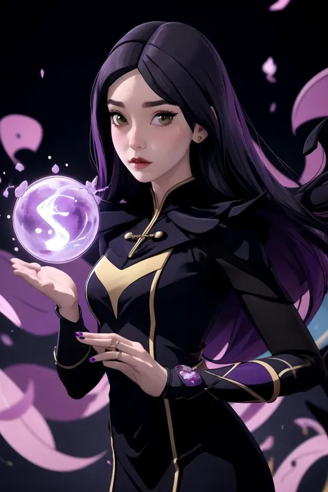 centered, gorgeous upper body portrait, cowboy shot, (looking at viewer:1.2), | solo, standing, Claudia, black dress, long hair, white skin, | (casting purple magic), purple magic surrounding her, magic, casting a spell, (hair floating:1.5), | bokeh, depth of field, cinematic composition, | <lora:DragonPrinceClaudia-10:0.7>