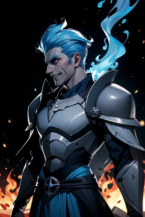 ((masterpiece,best quality))
<lora:Grezhul_AFK:0.6> Grezhul_AFK, solo, grey skin, 1boy, evil grin, from the side, fiery hair, blue fire, cowboy shot, Breastplate, armor,
| cinematic composition, dark theme, blue fire,
| bokeh, depth of field, cinematic composition, |