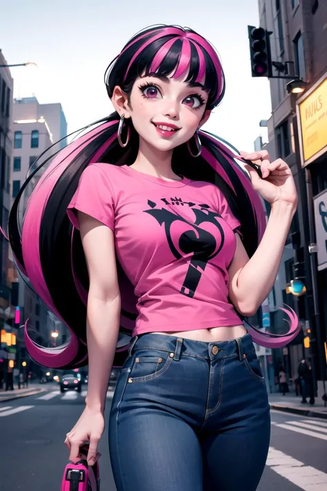 ((masterpiece,best quality)), absurdres,
<lora:Draculaura_MH:0.8>, Draculaura_MH,
pink tshirt, demin jeans,
solo, smiling, looking at viewer, cowboy shot,
modern city background, cinematic composition, dynamic pose,
