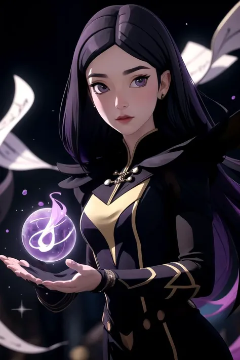 centered, gorgeous upper body portrait, cowboy shot, (looking at viewer:1.2), | solo, standing, Claudia, black dress, long hair, white skin, | (casting purple magic), purple magic surrounding her, magic, casting a spell, (hair floating:1.5), | bokeh, depth of field, cinematic composition, | <lora:DragonPrinceClaudia-10:0.7>
