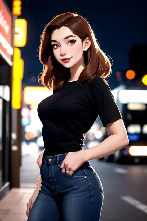 centered, award winning upper body portrait, cowboy shot, (looking at viewer:1.2), | solo, standing, smile, Miss_Martian_2020_YJ, black tshirt, denim jeans, | city, urban scenery, city lights, | bokeh, depth of field, cinematic composition, | dynamic pose, <lora:Miss_Martian_2020_YJ:0.6>