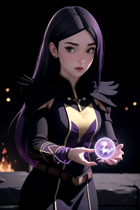 centered, gorgeous upper body portrait, cowboy shot, (looking at viewer:1.2), | solo, standing, Claudia, black dress, long hair, white skin, | (casting purple magic), fire magic, purple magic surrounding her, magic, casting a spell, hair floating, | bokeh, depth of field, cinematic composition, | <lora:DragonPrinceClaudia-10:0.7>,