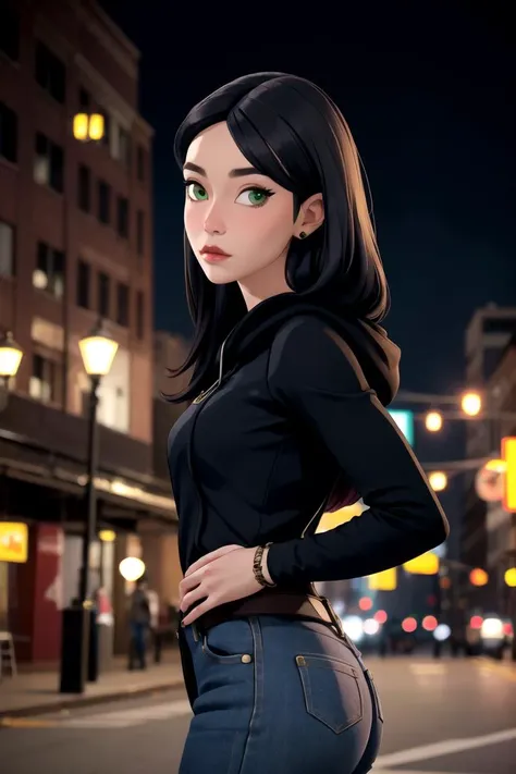 centered, gorgeous upper body portrait, cowboy shot, (looking at viewer:1.2), | solo, standing, Claudia, black hoodie, green eyes, black dress, long hair, denim tight jeans, | city, urban scenery, city lights, | bokeh, depth of field, cinematic composition, | <lora:DragonPrinceClaudia-10:0.7>