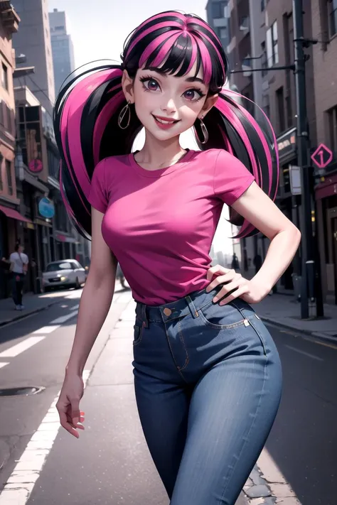 ((masterpiece,best quality)), absurdres,
<lora:Draculaura_MH:0.8>, Draculaura_MH,
pink tshirt, demin jeans,
solo, smiling, looking at viewer, cowboy shot,
modern city background, cinematic composition, dynamic pose,