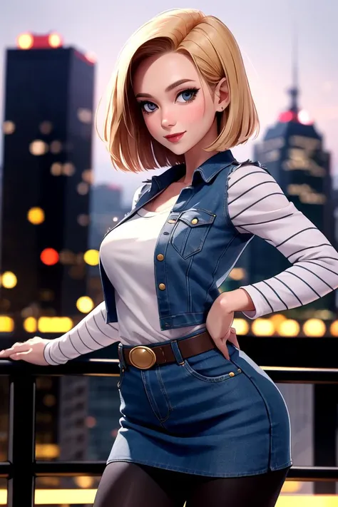 centered, award winning upper body portrait, cowboy shot, (looking at viewer:1.2), | solo, standing, smile, Android_18_DB, denim skirt, pantyhose, | city, urban scenery, city lights, | bokeh, depth of field, cinematic composition, | dynamic pose, <lora:Android_18_DB:0.6>