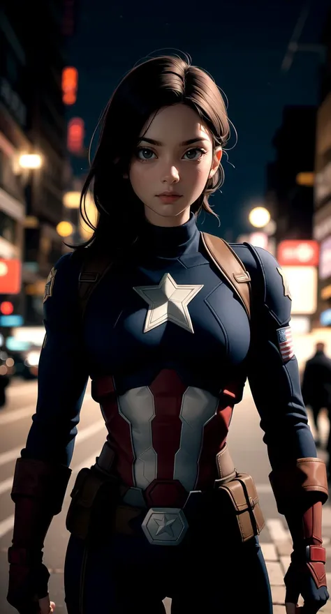 centered, upper body, masterpiece, | female captain america, standing, looking at viewer, | city, urban, street, city lights, | night, bokeh, depth of field,