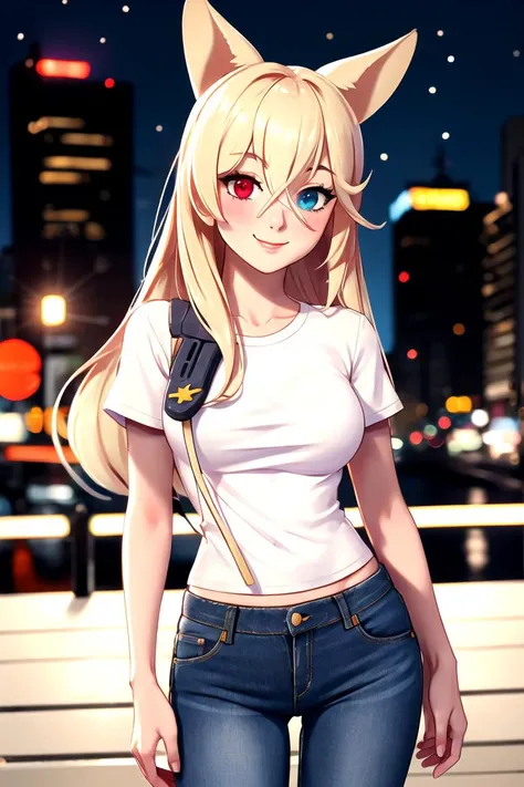 centered, award winning upper body portrait, cowboy shot, (looking at viewer:1.2), | solo, standing, smile, G41_Girls_Frontline, heterochromia, tshirt, denim jeans, | city, urban scenery, city lights,| bokeh, depth of field, cinematic composition, | dynamic pose, <lora:G41_Girls_Frontline:0.8>