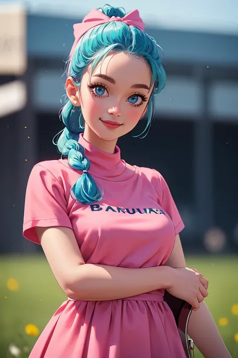 centered, award winning upper body portrait, cowboy shot, (looking at viewer:1.2), | solo, standing, smile, Bulma_DB, braided ponytail, pink dress, blue eyes,
| open field, | bokeh, depth of field, cinematic composition, | dynamic pose,
<lora:Bulma_DB:0.6>