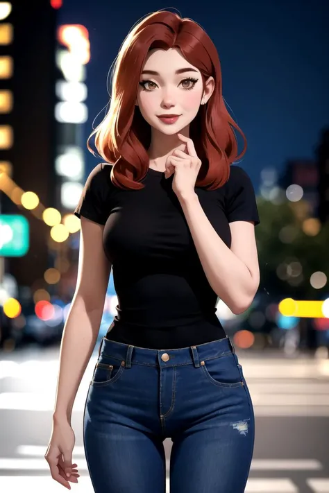centered, award winning upper body portrait, cowboy shot, (looking at viewer:1.2), | solo, standing, smile, Miss_Martian_2020_YJ, black tshirt, denim jeans, | city, urban scenery, city lights, | bokeh, depth of field, cinematic composition, | dynamic pose, <lora:Miss_Martian_2020_YJ:0.6>