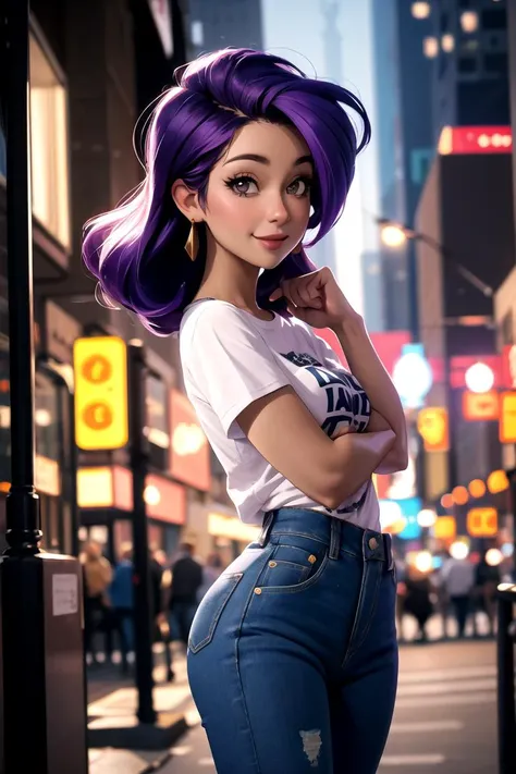 centered, award winning upper body portrait, cowboy shot, (looking at viewer:1.2), | solo, standing, smile, Shantae, harem pants, , tshirt, denim jeans, | city, urban scenery, city lights,| bokeh, depth of field, cinematic composition, | dynamic pose, <lora:Shantae:0.6>