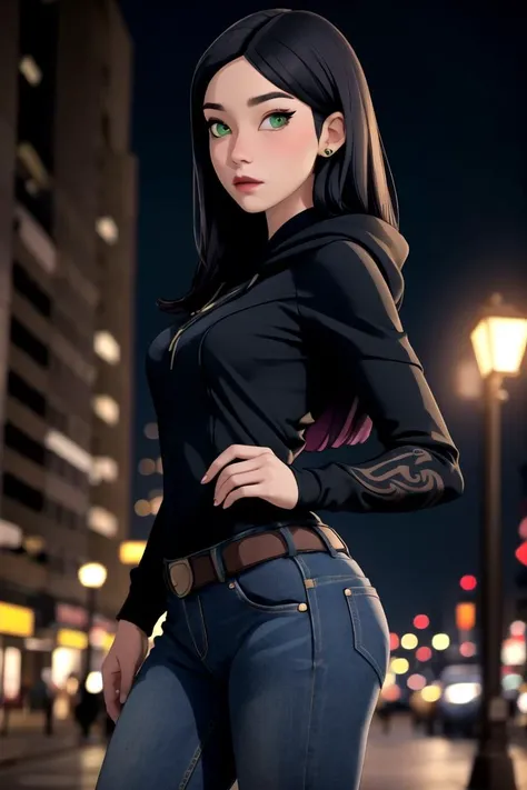 centered, gorgeous upper body portrait, cowboy shot, (looking at viewer:1.2), | solo, standing, Claudia, black hoodie, green eyes, black dress, long hair, denim tight jeans, | city, urban scenery, city lights, | bokeh, depth of field, cinematic composition, | <lora:DragonPrinceClaudia-10:0.7>