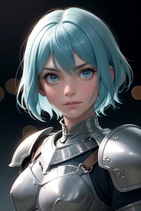 centered, upper body, award winning upper body portrait, (detailed face), (beautiful detailed eyes:1.2), | solo, knight woman, short hair, aqua hair color, light blue eyes, (black knight tight armor), symetrical and detailed armor, | fantasy town, medieval, european street, | bokeh, depht of field, | hyperealistic shadows, smooth detailed, blurred background,