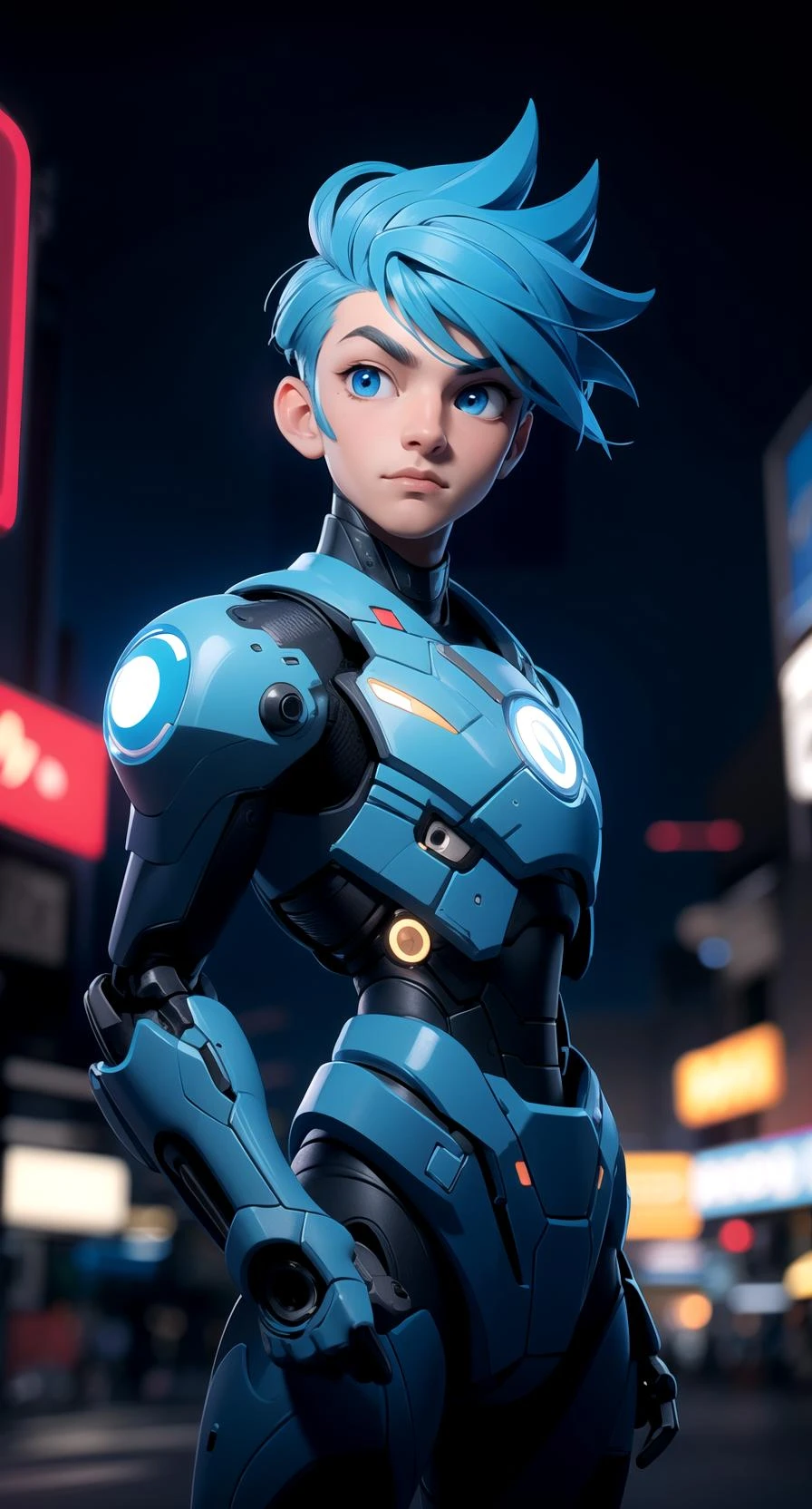 centered, digital art, 3d, 3d model, render, | (looking at viewer:1.2), solo, boy, blue eyes, blue hair, cyborg armor, | futuristic city, neon lights, urban scenery, | bokeh, depth of field, blurred background, | 3DMM,