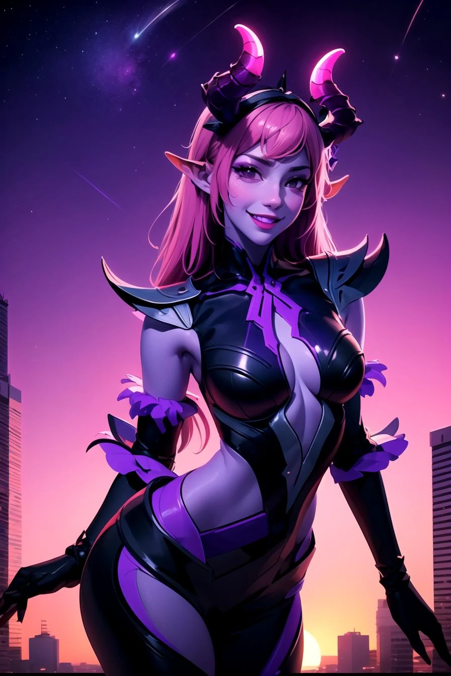 (hyperealistic detailed face:1.2), (looking at viewer:1.2), (frontal view), centered, cowboy shot, award winning frontal photography, masterpiece, horns, | <lora:Selena_ML:1>, Selena_ML, purple skin, wide hips, smiling, | sunset, bokeh, depth of field, | urban, street, City, | starry sky, vaporwave color scheme, (saturated colors:1.2), |