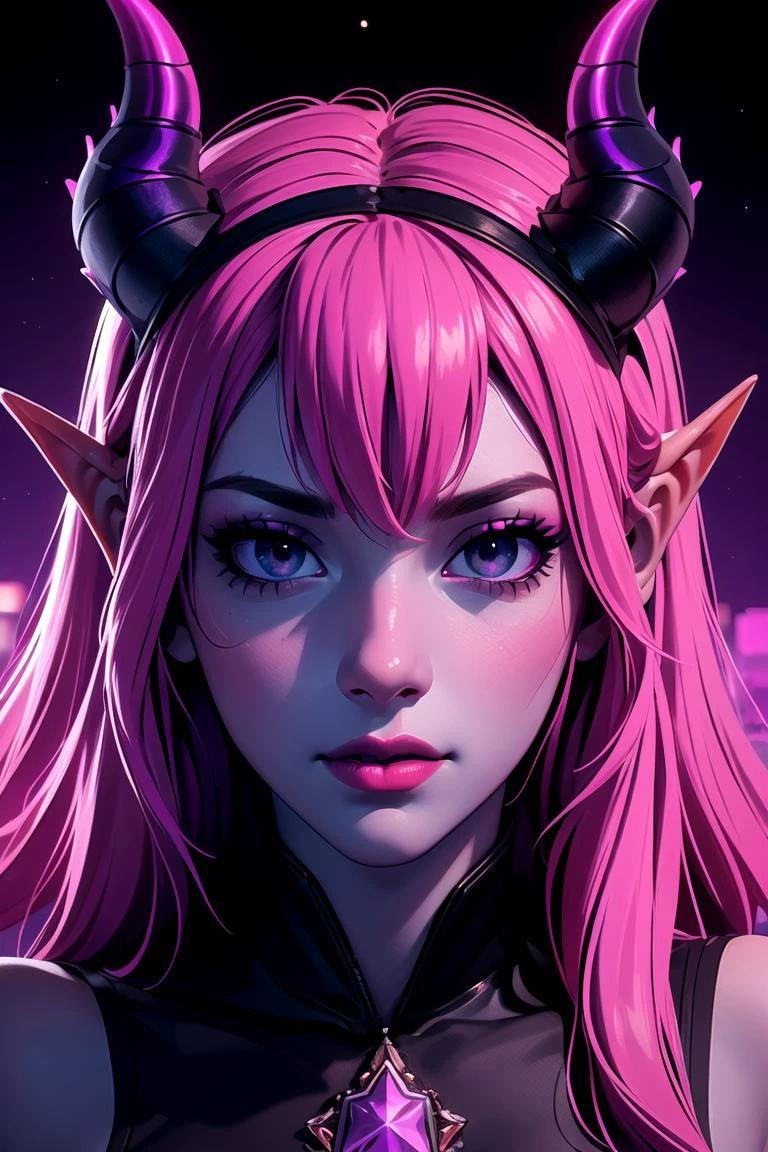 (hyperealistic detailed face:1.2), (looking at viewer:1.2), (frontal view), centered, upper body, award winning frontal photography, masterpiece, (beautiful detailed eyes:1.2), horns, | <lora:Selena_ML:1>, Selena_ML, purple skin, | sunset, bokeh, depth of field, | urban, street, City, | starry sky, vaporwave color scheme, (saturated colors:1.2), |