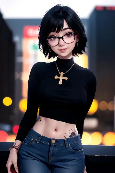 centered, award winning upper body portrait, cowboy shot, (looking at viewer:1.2), | solo, standing, smile, Shizuku_Murasaki, denim jeans, cross, glasses, stomach tattoo, | city, urban scenery, city lights, | bokeh, depth of field, cinematic composition, |  dynamic pose, <lora:Shizuku_Murasaki:0.6>