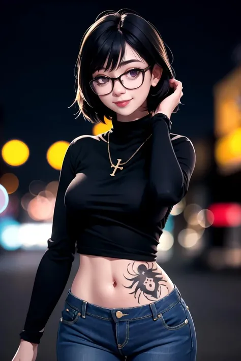 centered, award winning upper body portrait, cowboy shot, (looking at viewer:1.2), | solo, standing, smile, Shizuku_Murasaki, denim jeans, cross, glasses, stomach tattoo, | city, urban scenery, city lights, | bokeh, depth of field, cinematic composition, |  dynamic pose, <lora:Shizuku_Murasaki:0.6>