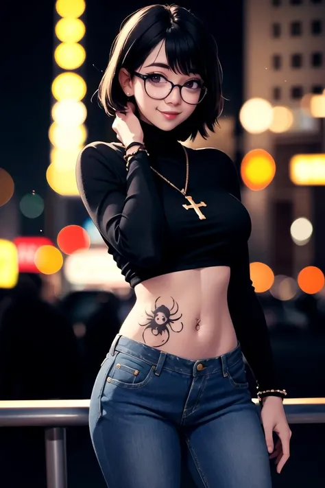 centered, award winning upper body portrait, cowboy shot, (looking at viewer:1.2), | solo, standing, smile, Shizuku_Murasaki, denim jeans, cross, glasses, stomach tattoo, | city, urban scenery, city lights, | bokeh, depth of field, cinematic composition, |  dynamic pose, <lora:Shizuku_Murasaki:0.6>