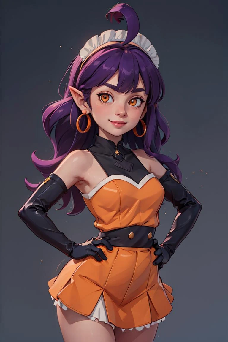 centered, award winning upper body portrait, cowboy shot, (looking at viewer:1.2), |
<lora:Stardust_Pumpkins_Citron_OC_Anime:0.8>, Stardust_Pumpkins_Citron_OC,
1girl, solo, long purple hair, orange eyes, ahoge, pointy ears, orange dress, elbow gloves, bare shoulders, maid headdress, jewelry, earrings,
solo, smiling,
hands on hips, contrapposto,
|
| bokeh, depth of field, cinematic composition, |