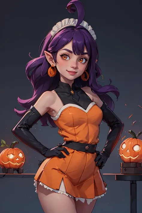 centered, award winning upper body portrait, cowboy shot, (looking at viewer:1.2), |
<lora:Stardust_Pumpkins_Citron_OC_Anime:0.8>, Stardust_Pumpkins_Citron_OC, 
1girl, solo, long purple hair,  orange eyes, ahoge, pointy ears, orange dress, elbow gloves, bare shoulders, maid headdress, jewelry, earrings, 
solo, smiling, 
side view, contrapposto, 
| graveyard, pumpkins in background, 
| bokeh, depth of field, cinematic composition, |