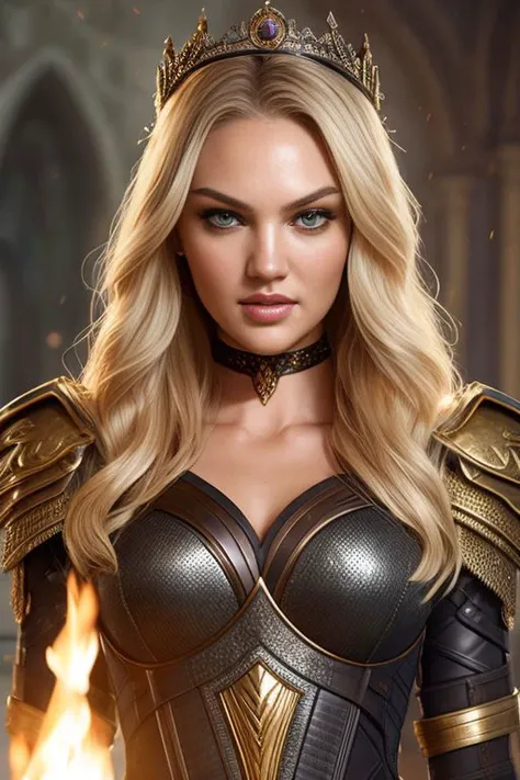 portrait photo of tyrant queen JernauCandySwane, blonde hair, wearing dark metal armor, stern look, in a dank castle, torchlight, torches, dark, dim, dim lighting, modelshoot style, (extremely detailed CG unity 8k wallpaper), photo of the most beautiful artwork in the world, professional photorealistic picture, NIKON, RAW, trending on ArtStation, trending on CGSociety, Intricate, High Detail, Sharp focus, dramatic, photorealistic painting art by midjourney and greg rutkowski