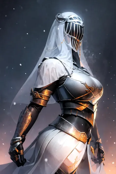 1girl, knight, helm, large breasts, squatting, blue veil, upper body, hair ornament, <lora:Dancer_of_the_Boreal_Valley:0.8>, snow,