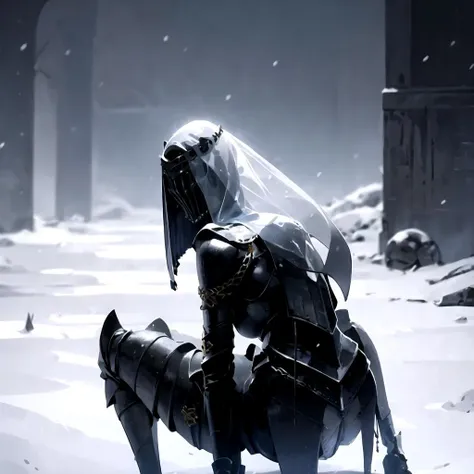 1girl, knight, from behind, all fours, helm, large breasts, squatting, blue veil, upper body, hair ornament, <lora:Dancer_of_the_Boreal_Valley:0.8>, snow,