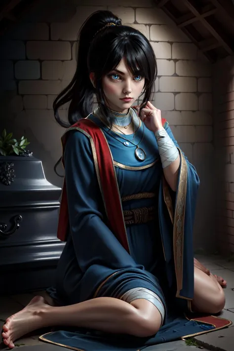 (masterpiece, best quality), intricate details,
1girl, <lora:Sellen-10v3:0.8> Sellen, blue eyes, black hair, bangs, ponytail,MRobe, necklace,barefoot, blue robe, long sleeves, bandages, wide sleeves
indoors, tomb, brick walls, dark,