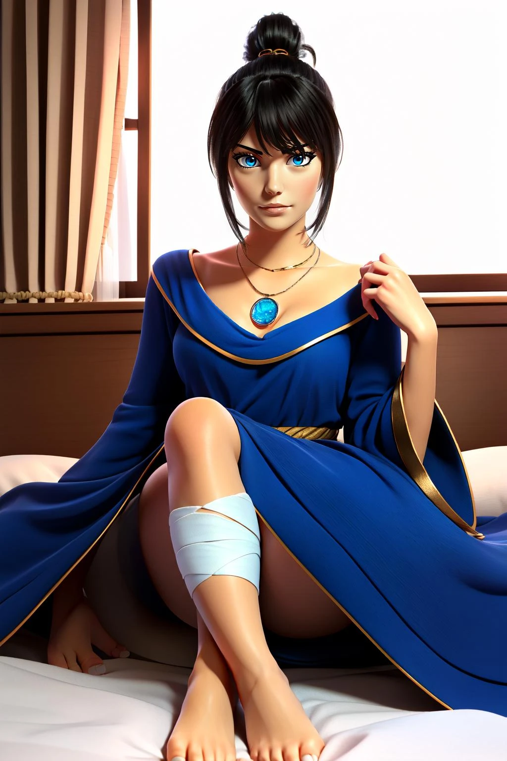 (masterpiece, best quality), intricate details,
1girl, <lora:Sellen-10v3:0.8> Sellen, blue eyes, black hair, bangs, ponytail,MRobe, necklace,barefoot, blue robe, long sleeves, bandages, wide sleeves