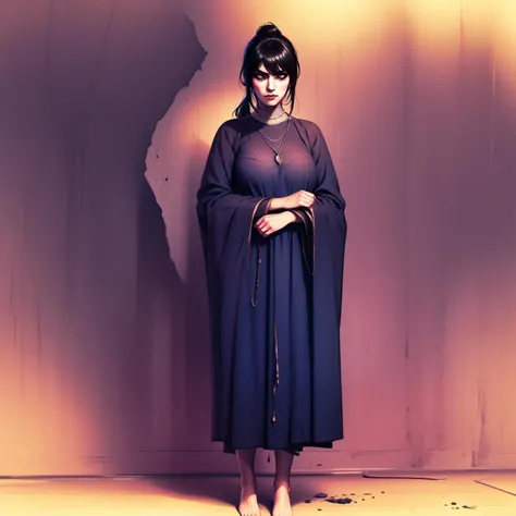 1girl, solo, looking at viewer, Sellen, blue eyes, black hair, bangs, ponytail ,MRobe, necklace,barefoot, blue robe, long sleeves, bandages, wide sleeves, bare feet, standing, ((evil, sinister, dark, grim))) [smoke], [haze],, olpntng style, quality, (((chaos))),  extreme detail, ominous ,dark souls, thomas eakins and beksinski, with inspiration from beksinski, william blake and beksinski, audobon and beksinski, cinematic. beksinski