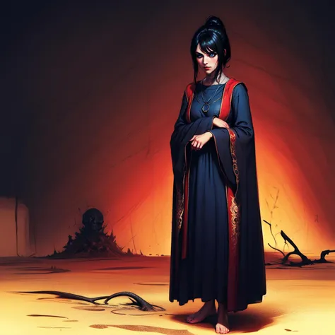 1girl, solo, looking at viewer, Sellen, blue eyes, black hair, bangs, ponytail ,MRobe, necklace,barefoot, blue robe, long sleeves, bandages, wide sleeves, bare feet, standing, ((evil, sinister, dark, grim))) [smoke], [haze],, olpntng style, quality, (((chaos))),  extreme detail, ominous ,dark souls, thomas eakins and beksinski, with inspiration from beksinski, william blake and beksinski, audobon and beksinski, cinematic. beksinski