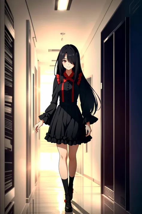 <lora:Ouyang Xueli:1> Ouyang Xueli, 1girl, solo, long hair, hair over one eye, black hair, dress, white background, red eyes, hallway, full body, very long hair, frills, smile, yandere, ((Extremely Detailed)), ((Best Quality)), ((Masterpiece)), ((4k)),