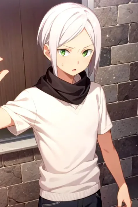 masterpiece, best quality, game cg, 1boy, solo, male focus, looking at viewer, , , anime coloring, , <lora:yuuki_kaga:0.68>, yuuki_kaga, grey hair, green eyes, scarf, tam, medieval europe,