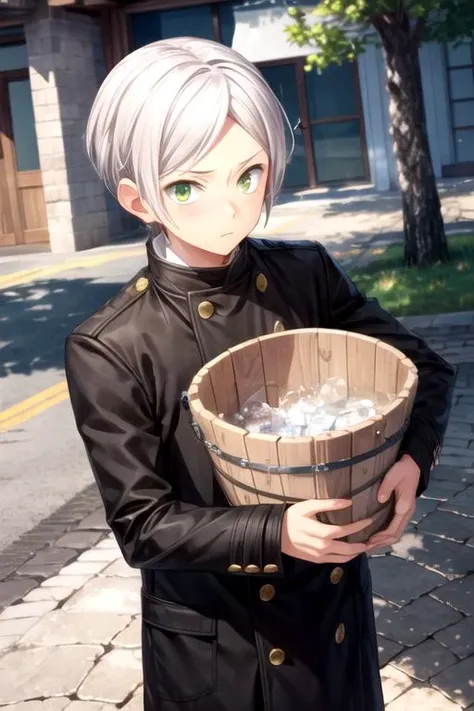 masterpiece, best quality, , 1boy, solo, male focus, looking at viewer, , depth of field, , , <lora:yuuki_kaga:0.66>, yuuki_kaga, grey hair, green eyes, coat, bucket hat, , HDR