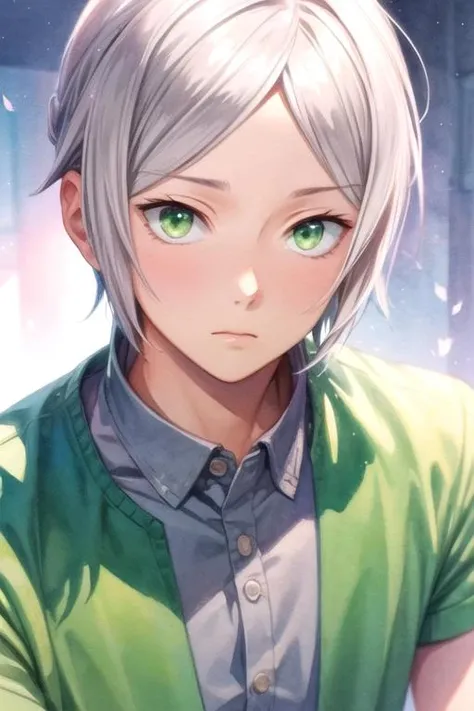 masterpiece, best quality, photorealistic, 1boy, solo, male focus, looking at viewer, , depth of field, (watercolor illustration, soft pastel colors:1.1), , <lora:yuuki_kaga:0.68>, yuuki_kaga, grey hair, green eyes, , , fantasy,