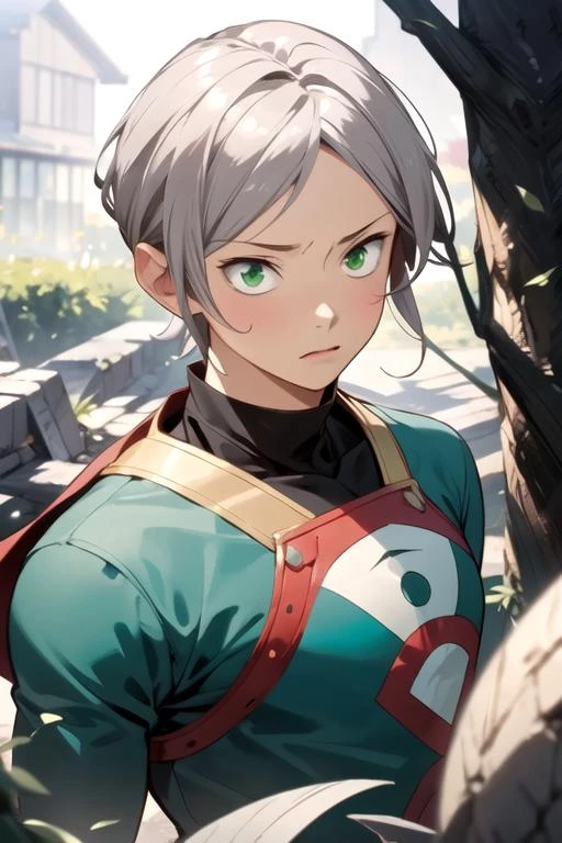 masterpiece, best quality, photorealistic, 1boy, solo, male focus, looking at viewer, upper body, depth of field, , realistic, <lora:yuuki_kaga:0.74>, yuuki_kaga, grey hair, green eyes, superhero costume, Wonderland: A wild and fantastical place, ruled by the Queen of Hearts, 8k resolution