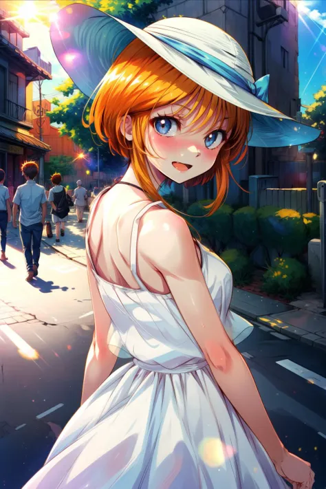 masterpiece,best quality,1girl,elpeo ple,short hair,medium breasts,white sundress,sun hat,smile,open mouth,blush,frown,standing,looking back,street,sunlight,from behind,<lora:elpeo_ple_v1:0.6>,<lora:Concept-control tool-add_detail-CyberAIchemist:1>,