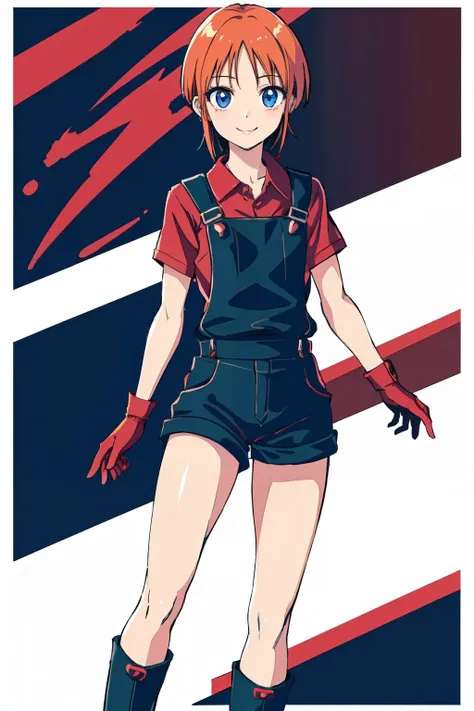 <lora:elpeo_ple_v1:0.5> elpeo ple, short hair, flat chest, red shirt, overalls, single glove, short shorts, boots
(best quality, masterpiece, RAW photo,ultra-detailed:1.2), <lyco:GoodHands-beta2:1.0>,1girl,solo,looking at viewer,smile